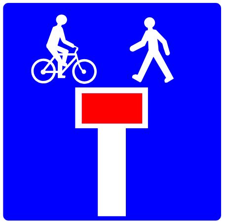 Panneau de signalisation avec un cycliste et piéton et un panneau rouge.